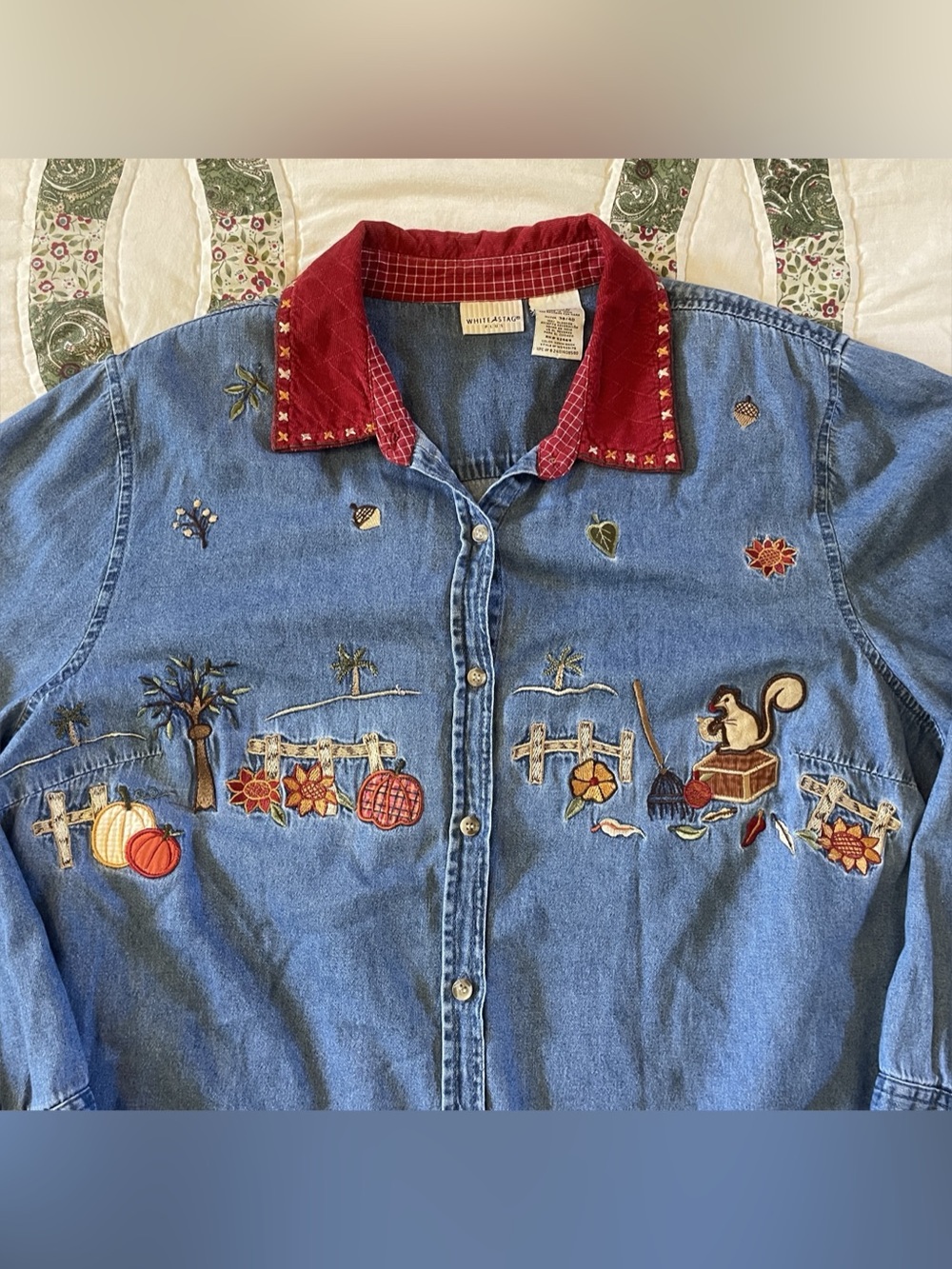 Vintage White Stag Embroidered Autumn Denim Button Down XL Cottagecore Granola - Picture 2 of 6